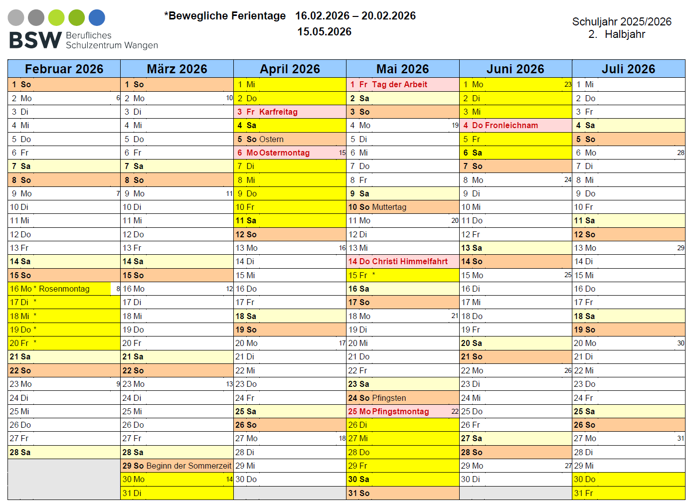 Ferienkalender 2025/2026 Blatt 2