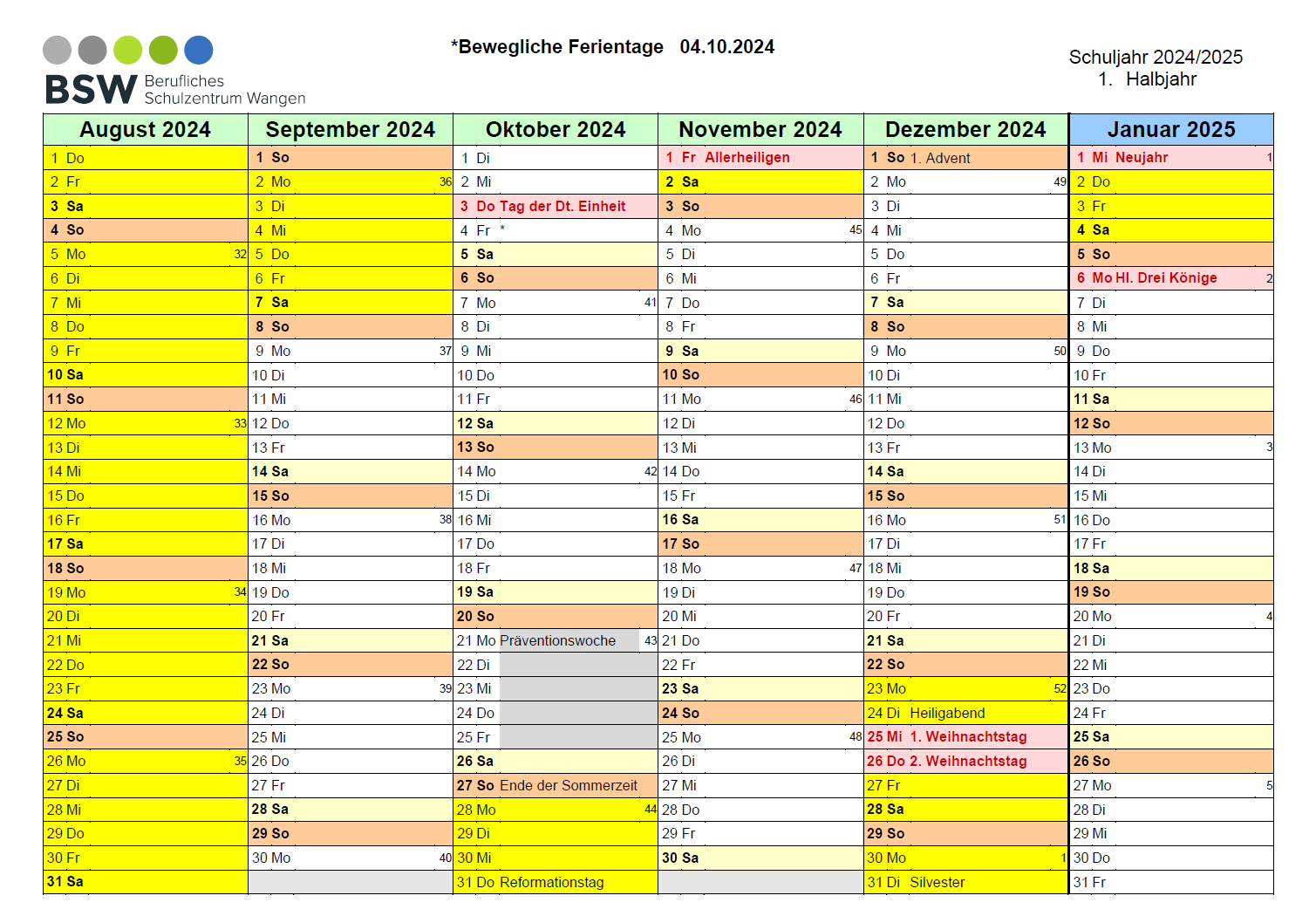 Ferienkalender 2024/2025 Blatt 1