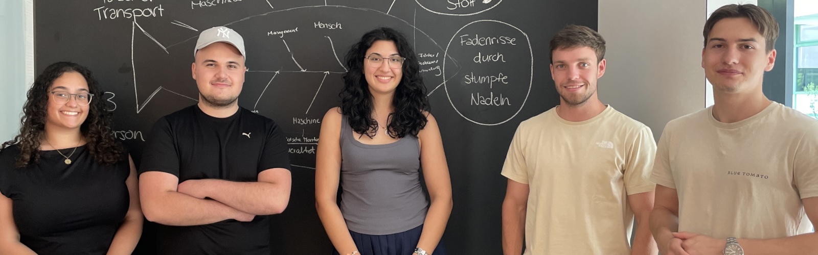 5 SchülerInnen stehen vor einer Tafel und blicken in die Kamera